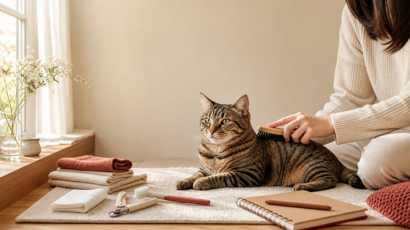 Tabby cat receiving gentle coat brushing beside neatly arranged home grooming tools