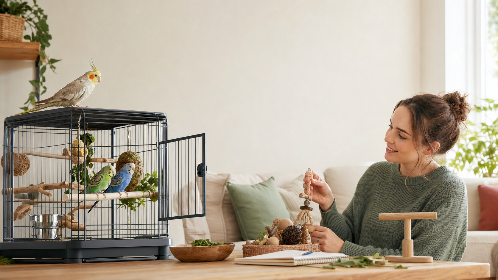 Bird owner preparing enrichment beside a spacious habitat with budgerigars and a cockatiel