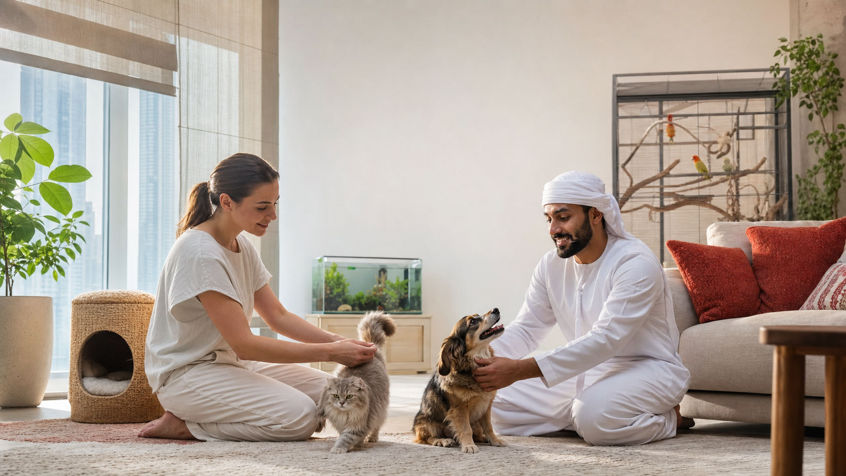 Pet owners caring for a cat, dog, birds and aquarium fish in a modern Gulf-region home