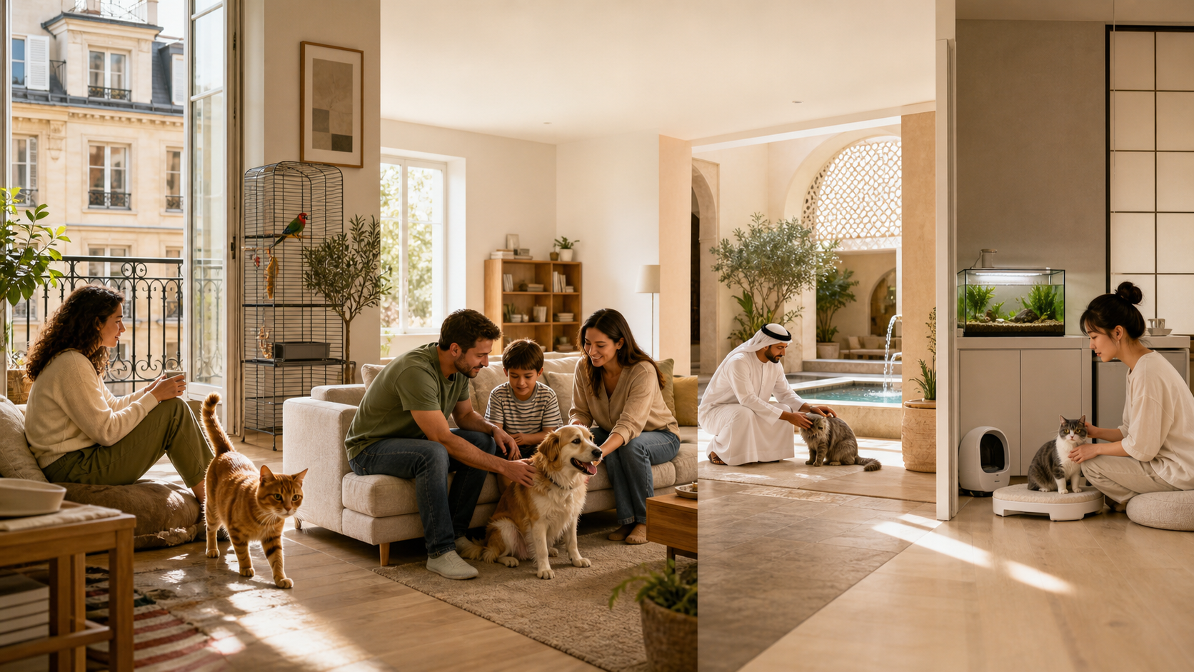 Pet owners across Europe, the United States, the Gulf and East Asia caring for cats, dogs, birds and fish in regionally distinct homes