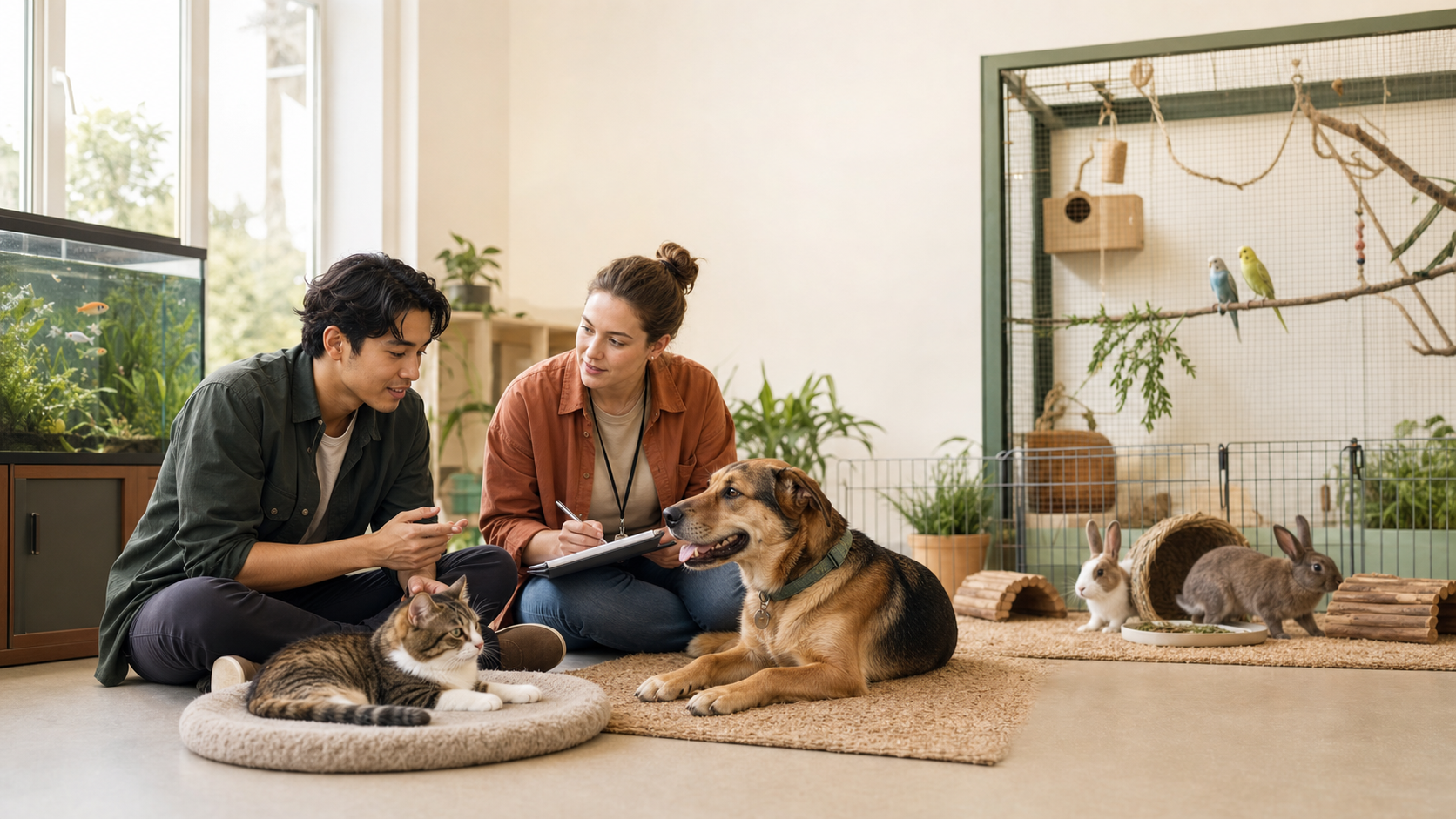 A first-time pet owner consulting an animal-care adviser beside a rescue cat and dog, with rabbits, birds and an aquarium in separate enriched habitats