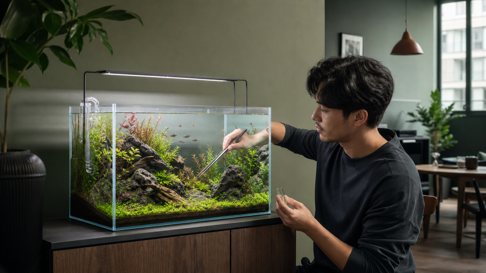 An aquascaper testing water and maintaining a responsibly stocked planted nano aquarium in a modern home