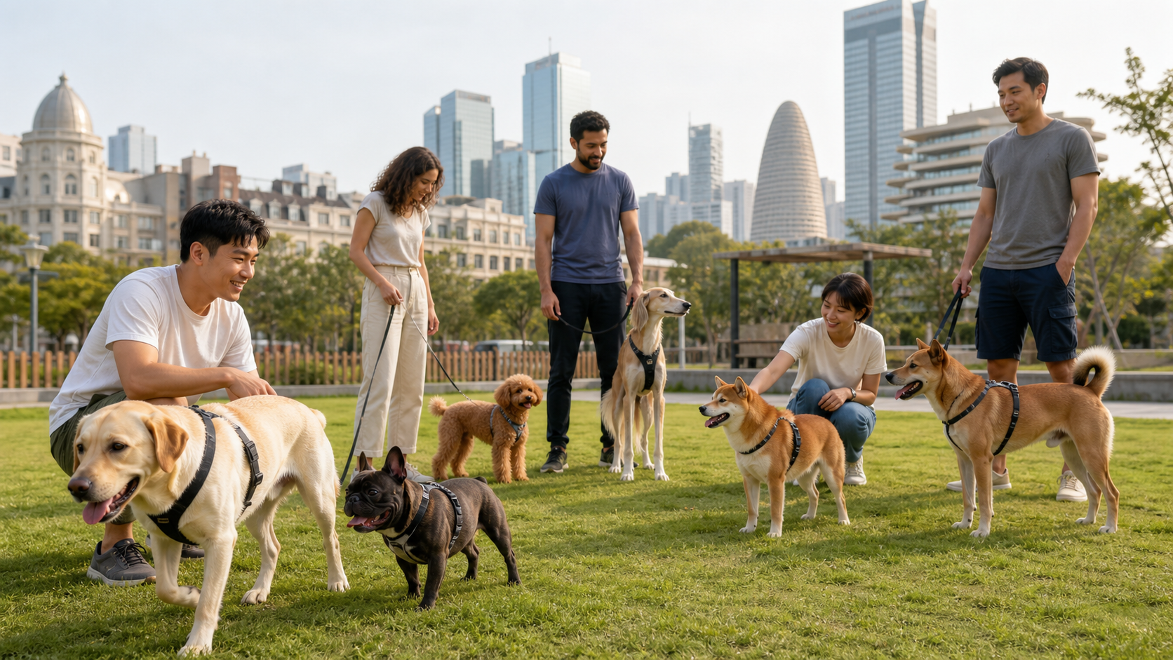 A diverse group of healthy companion dogs and responsible owners meeting in a modern international urban dog park