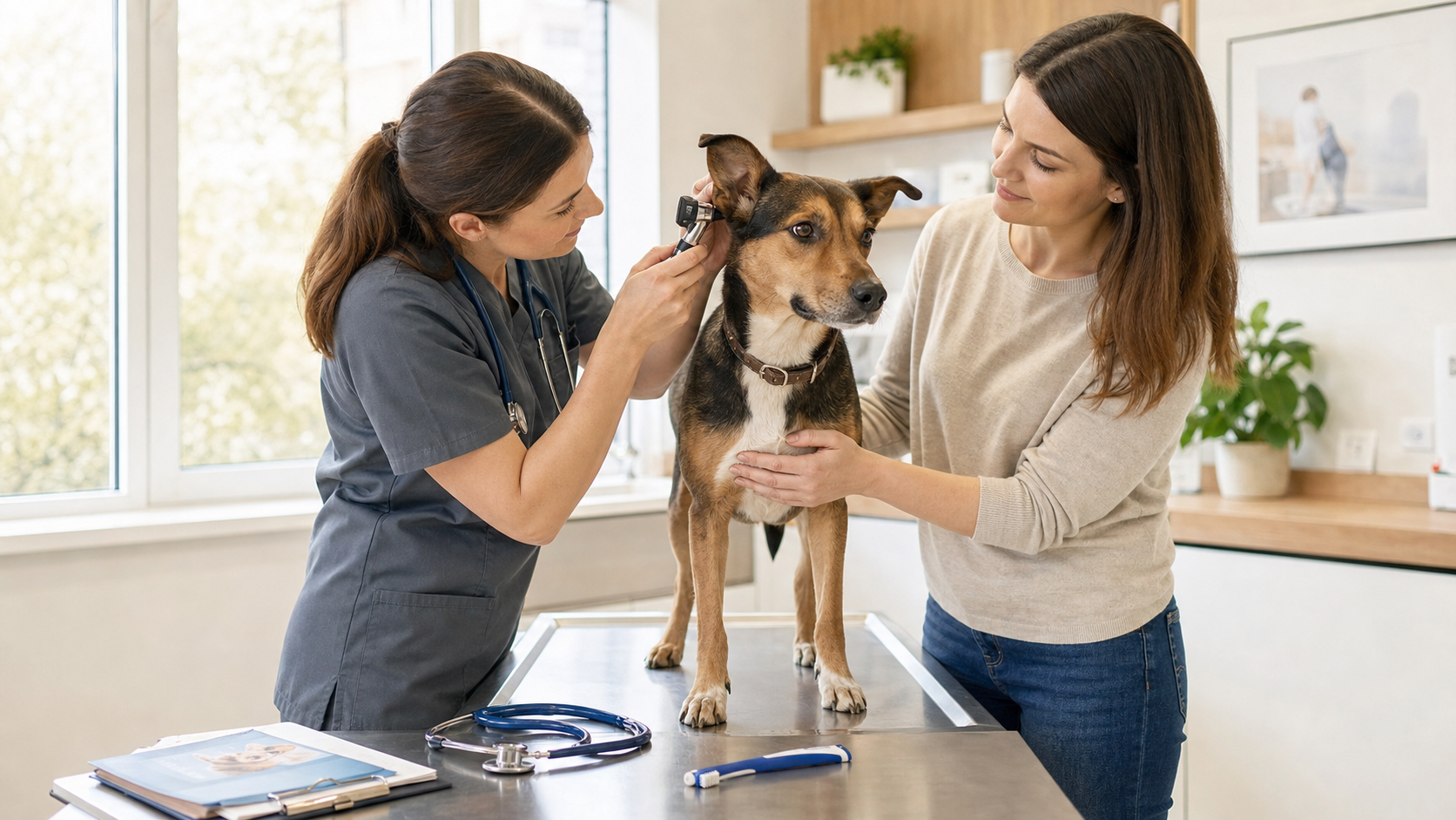 A veterinarian performing a gentle preventive ear examination on a healthy dog while the owner provides reassurance