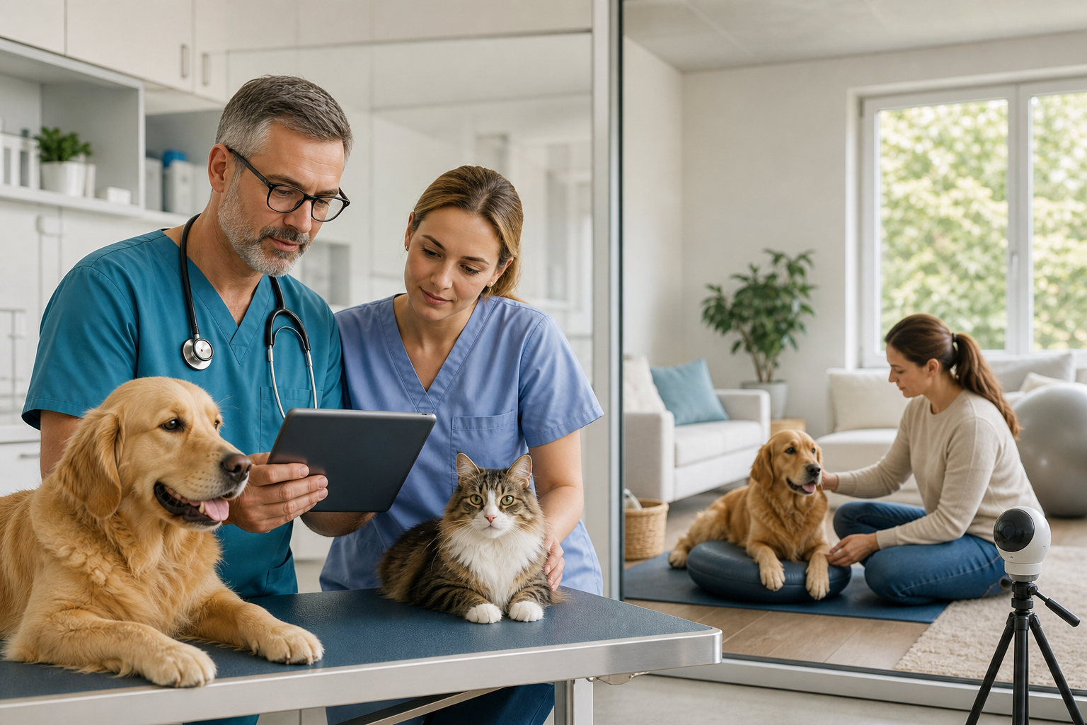 Veterinary team with a dog and cat in a modern clinic alongside an owner supporting a dog during home recovery
