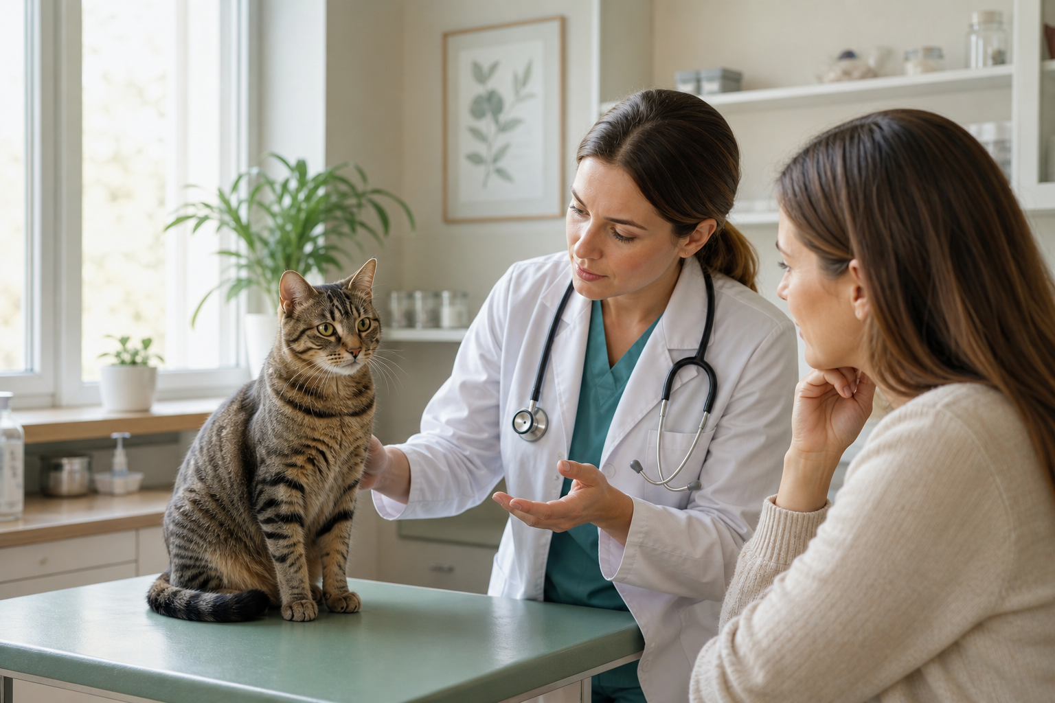 Veterinarian discussing a health check for an alert tabby cat with the cat owner in a bright clinic