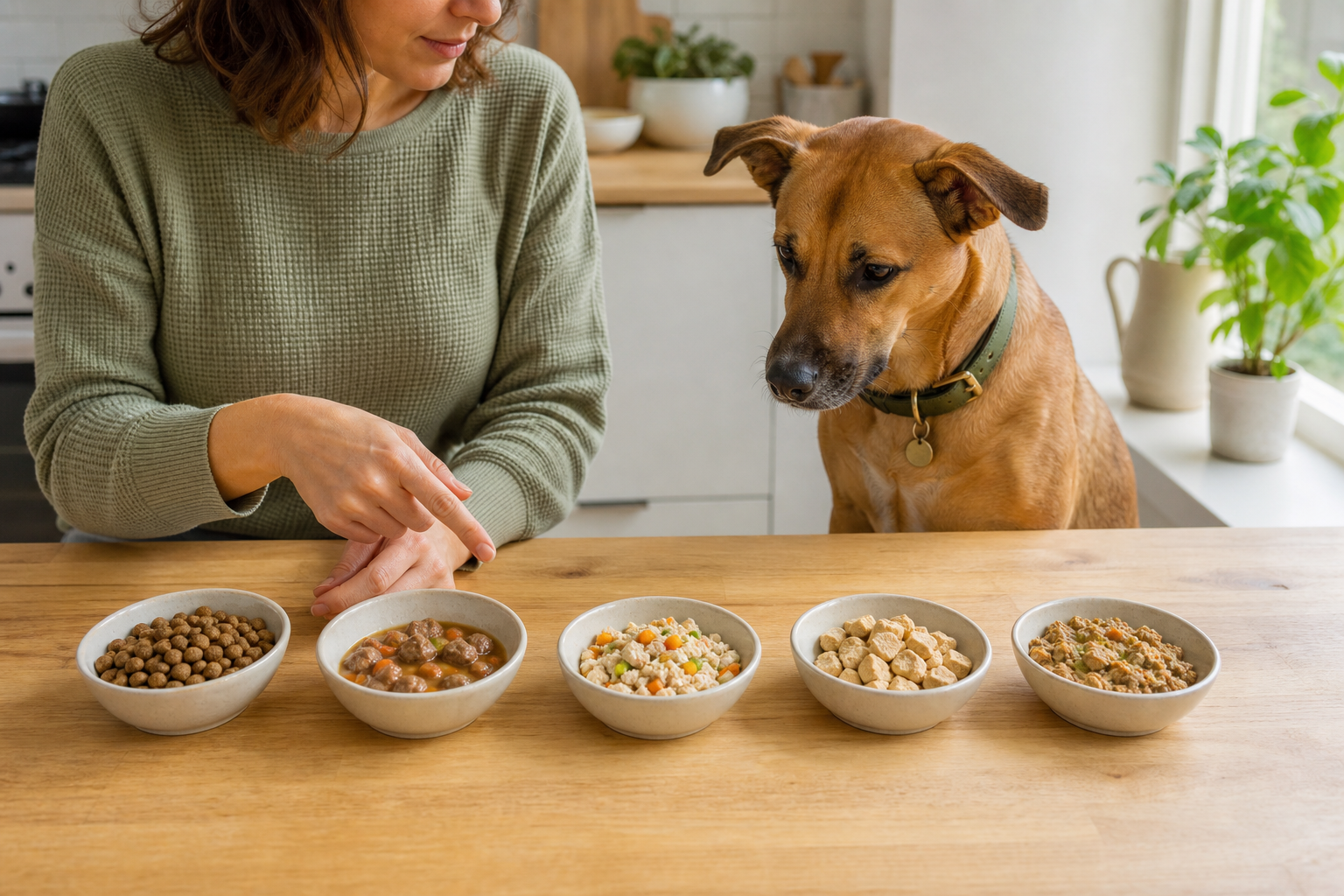 Dog owner comparing dry, wet, fresh, freeze-dried and topper dog-food formats with an attentive dog in a bright kitchen