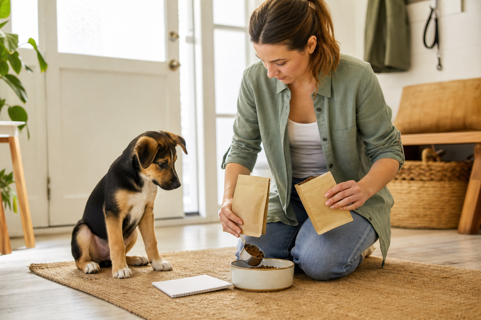 New dog owner comparing two small trial bags of puppy food while measuring kibble for a young dog