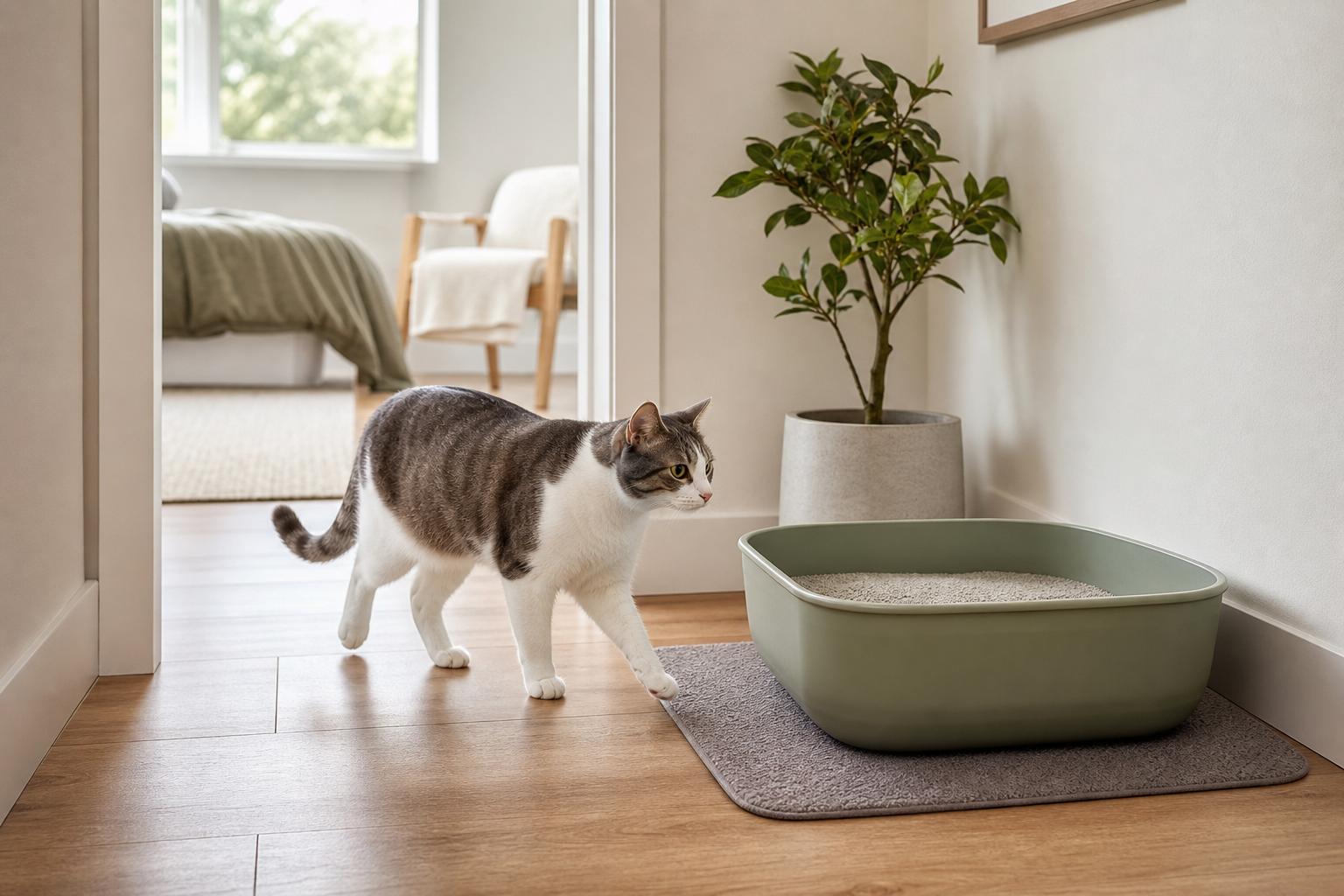 Adult cat approaching a clean uncovered litter box in a quiet and accessible hallway nook