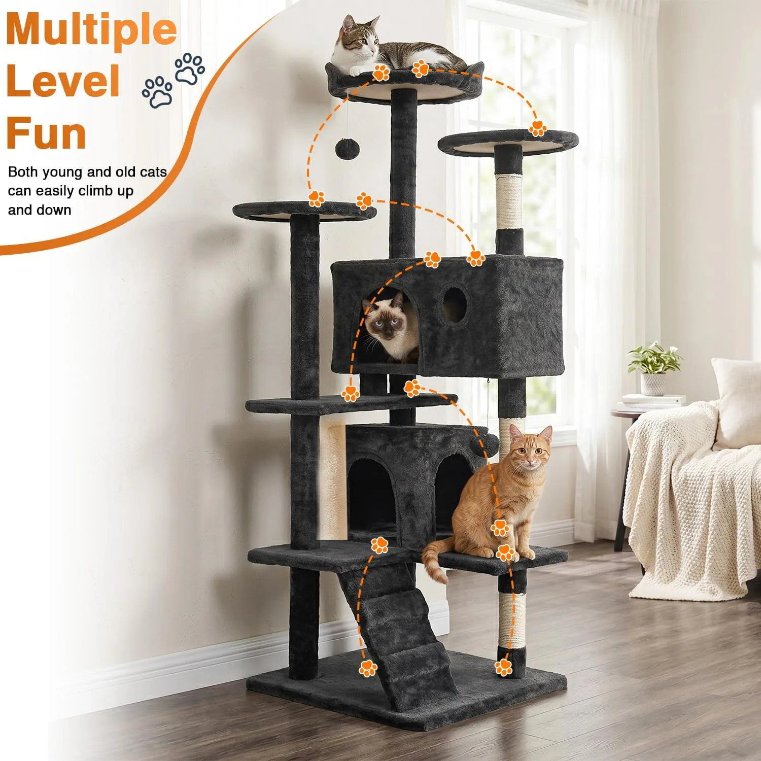 54" Cat Tree Tower | Dark Gray | Multi-Level Indoor Activity Center