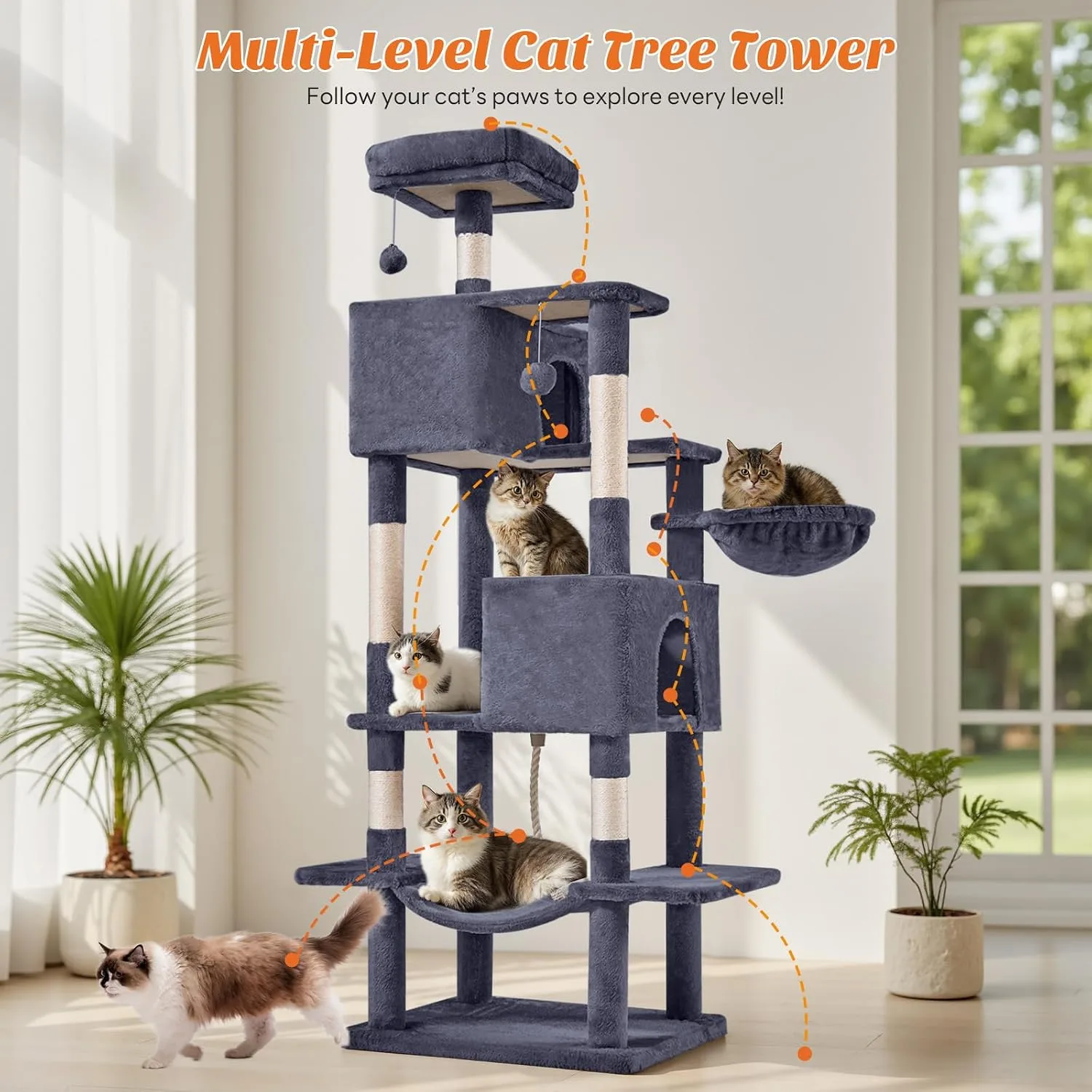 Large 66 Inch Cat Tree Tower with Scratching Posts, Indoor Use