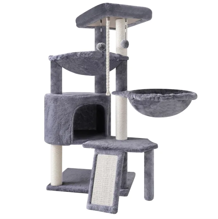 Three Layer Cat Tree with Cat Condo Scratch Pad and Two Hammocks,Grey