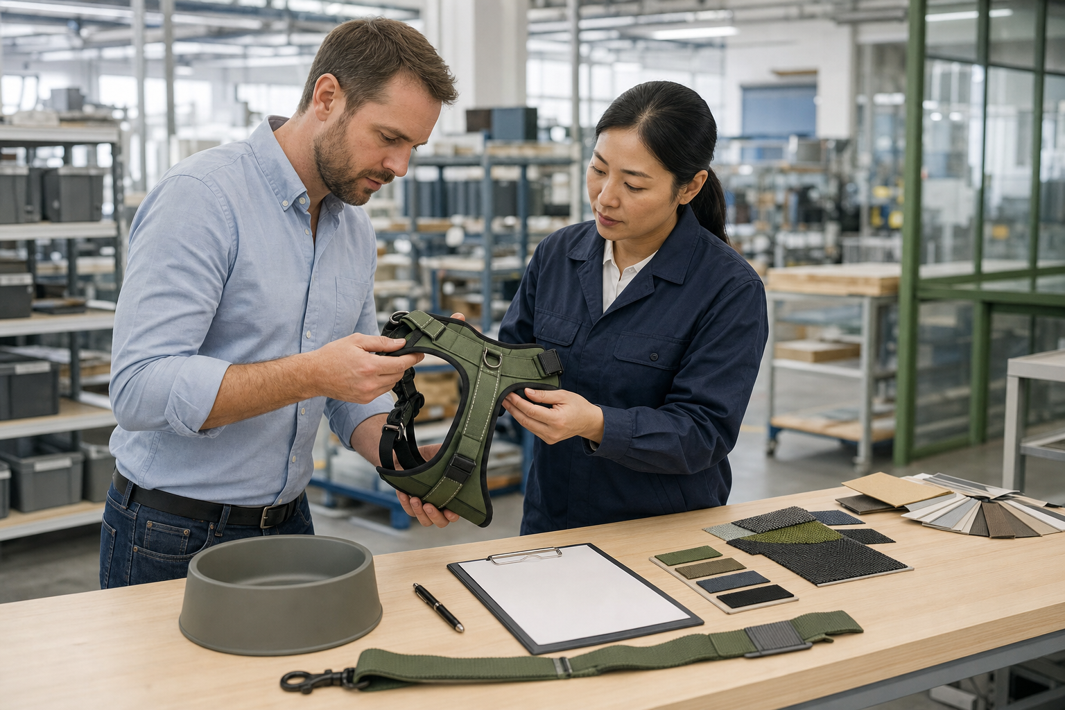 Buyer and factory quality manager inspecting an unbranded dog harness and material samples