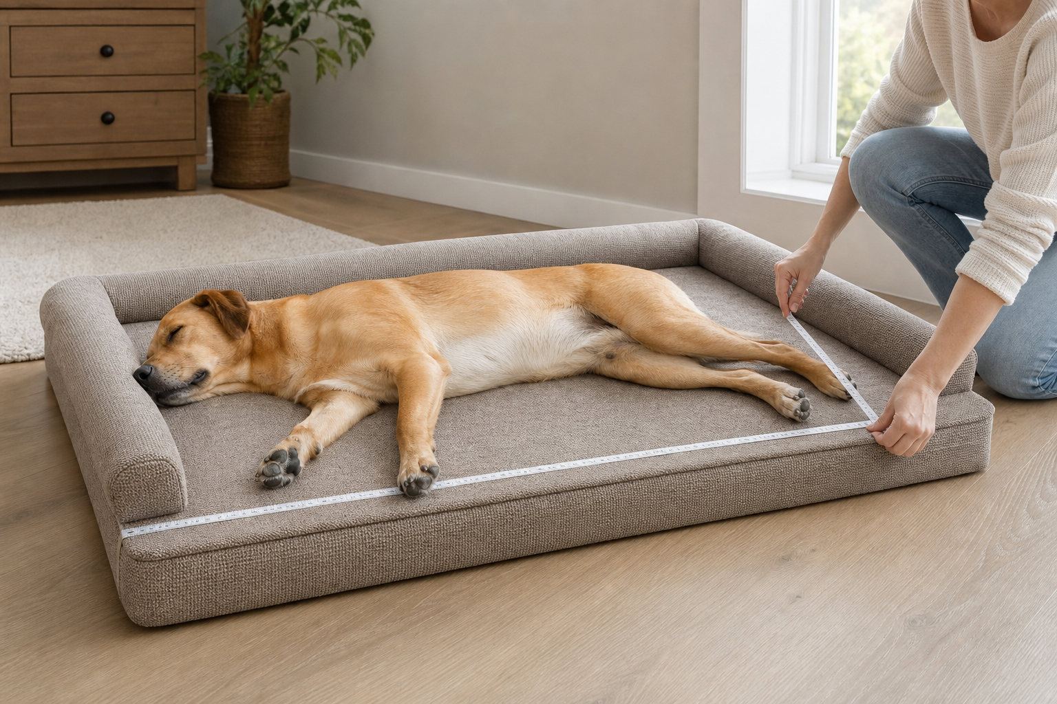 Owner measuring a generously sized dog bed while a medium-large dog sleeps fully stretched on its side