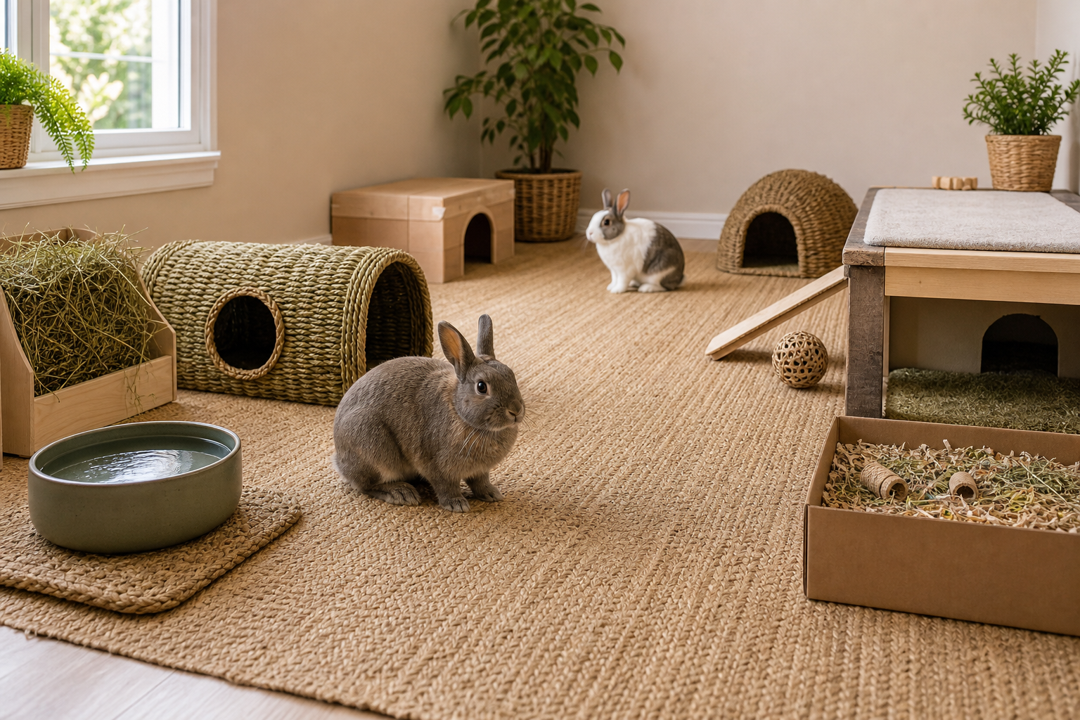 Two rabbits in a spacious indoor housing area with solid flooring, hay, water, hides, a tunnel, platform and foraging box