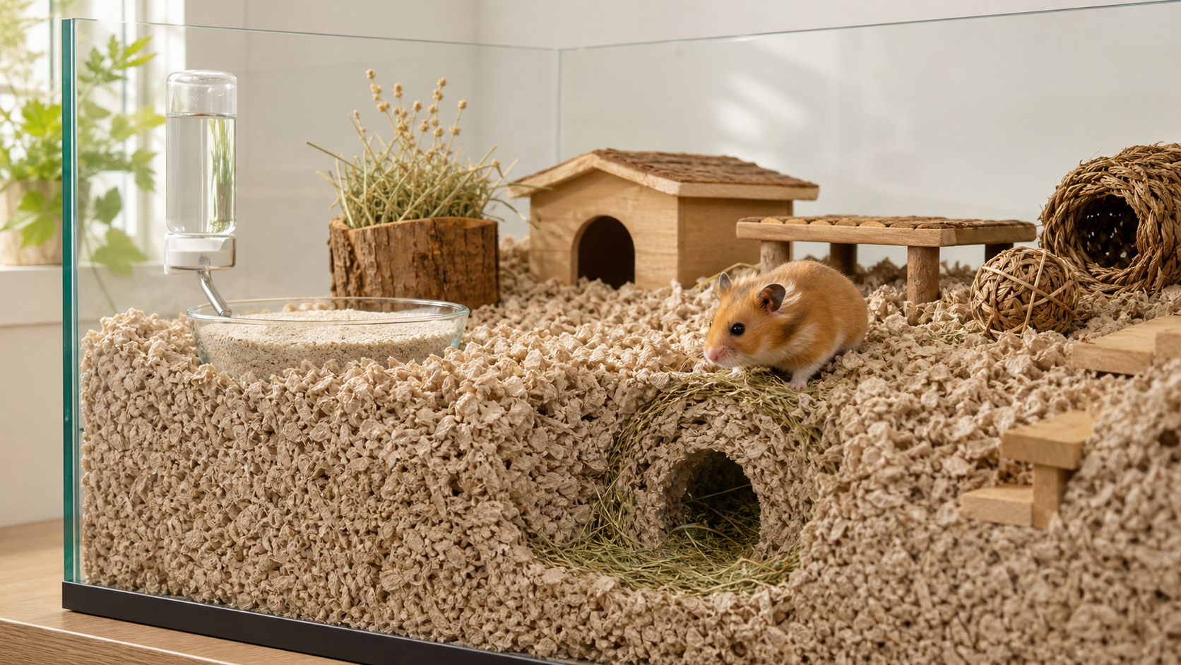 Golden Syrian hamster exploring deep paper bedding with a visible burrow tunnel in a spacious enclosure