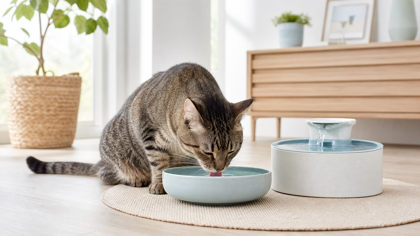 Indoor tabby cat drinking from a wide ceramic water bowl beside a clean water fountain in a bright home