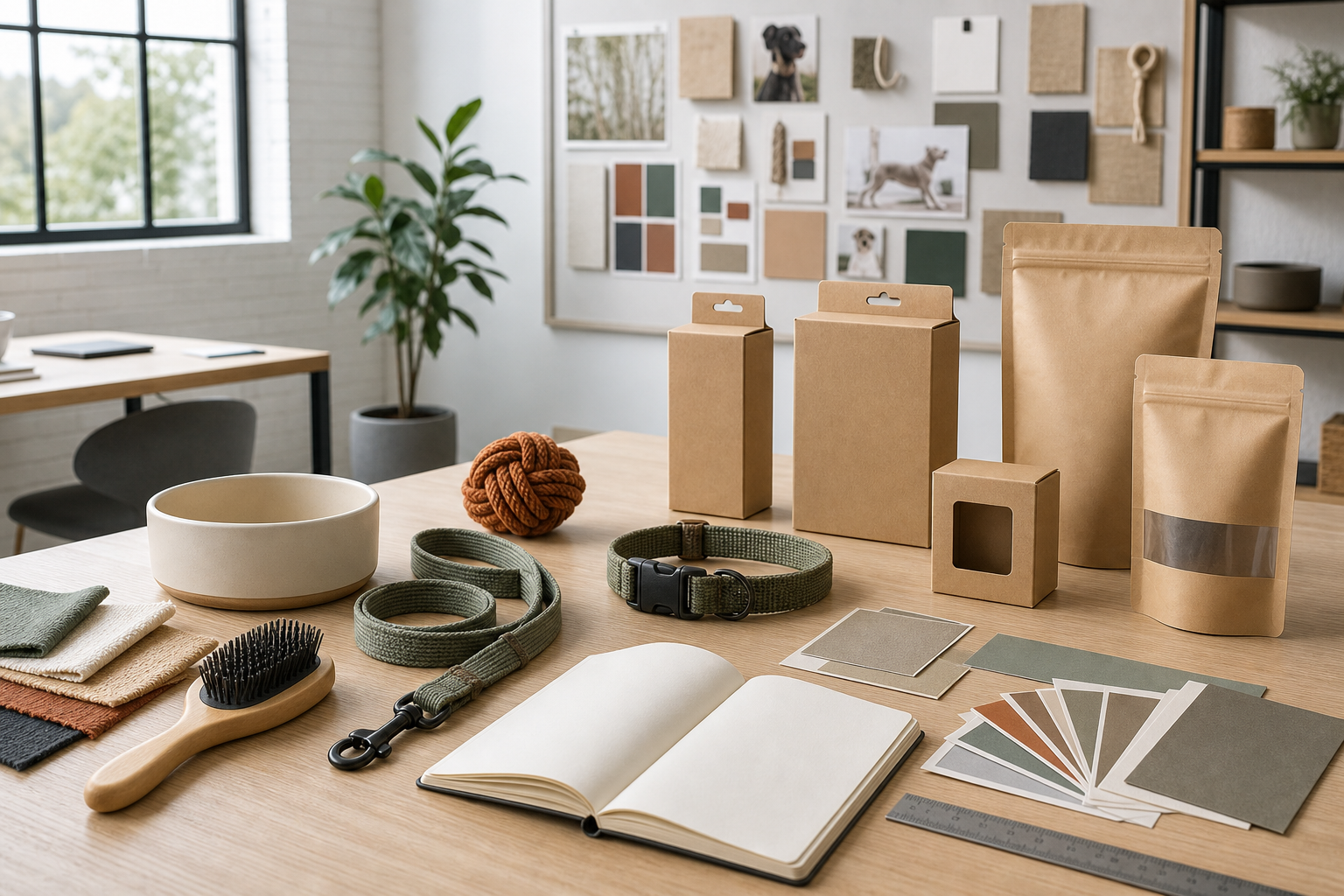 Unbranded pet bowls, collars, leads, grooming tools and blank packaging arranged for private-label product development