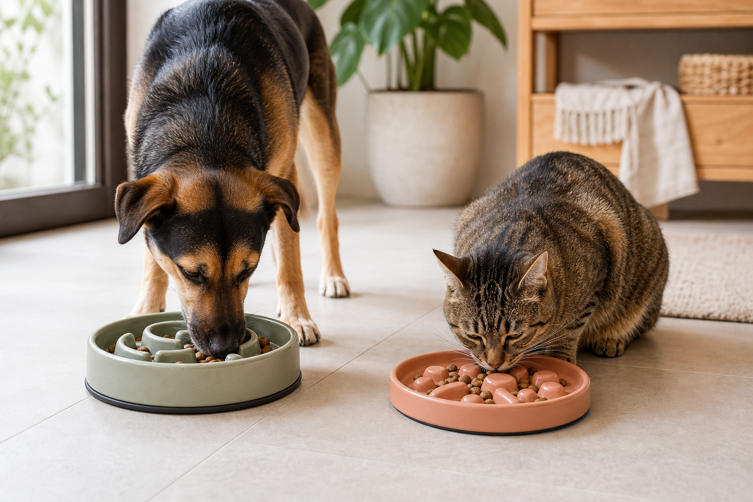 A dog and cat calmly eating measured meals from separate wide slow feeder bowls with smooth rounded obstacles