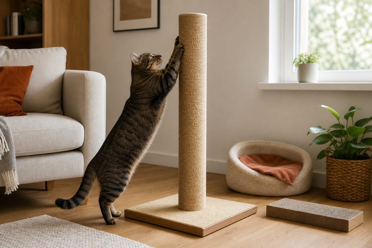 A tabby cat fully stretching to scratch a tall stable sisal post beside a sofa, resting area and horizontal scratch pad