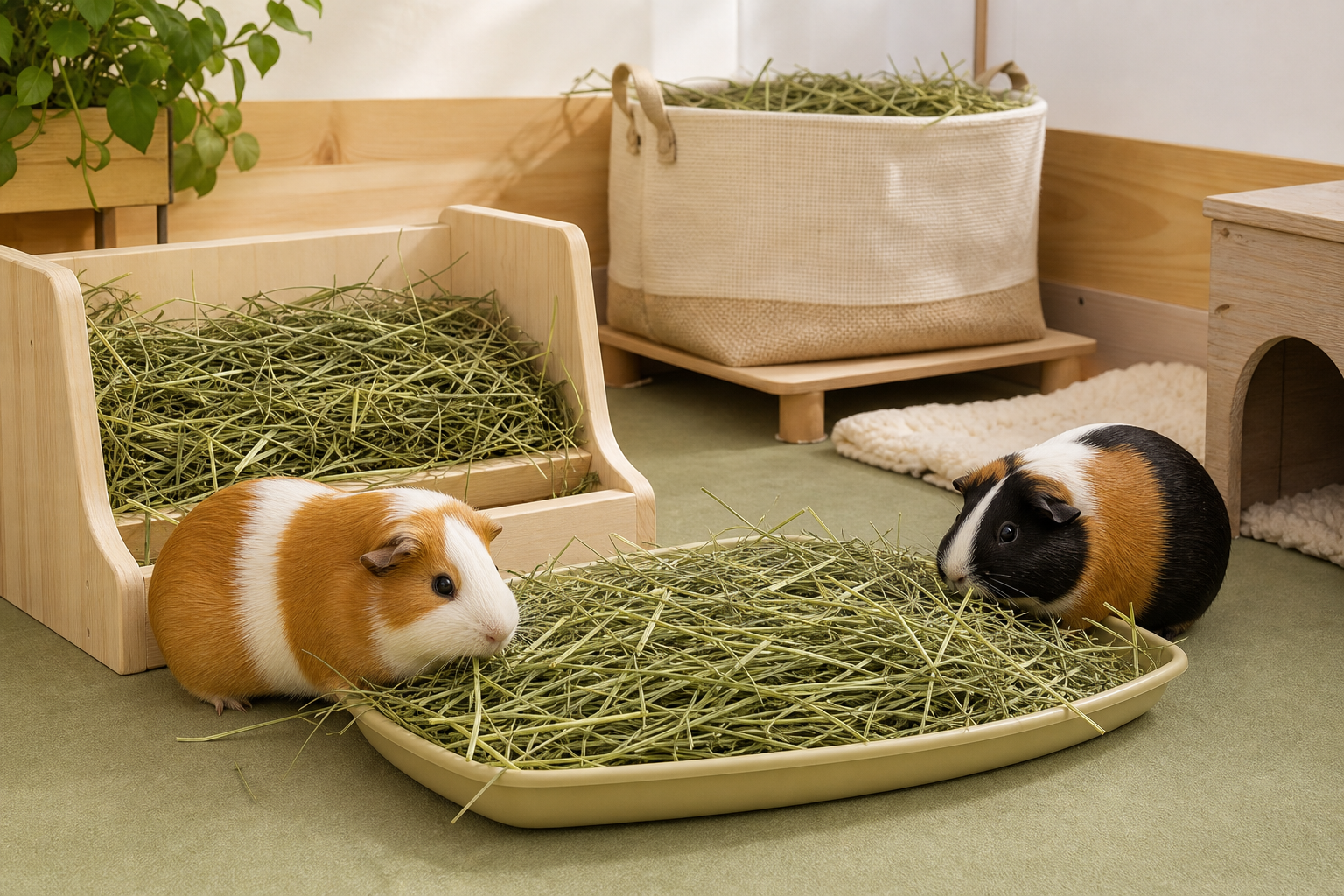 Two guinea pigs eating fresh grass hay from a wide floor tray beside a low open hay holder and raised breathable storage bag