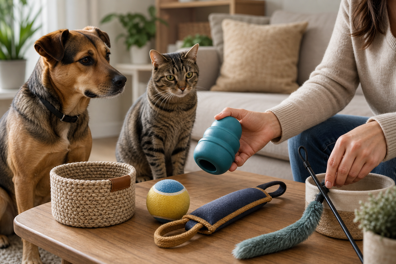 A dog and cat watching as an owner inspects a flexible rubber toy, large ball, fabric tug toy and cat wand before supervised play