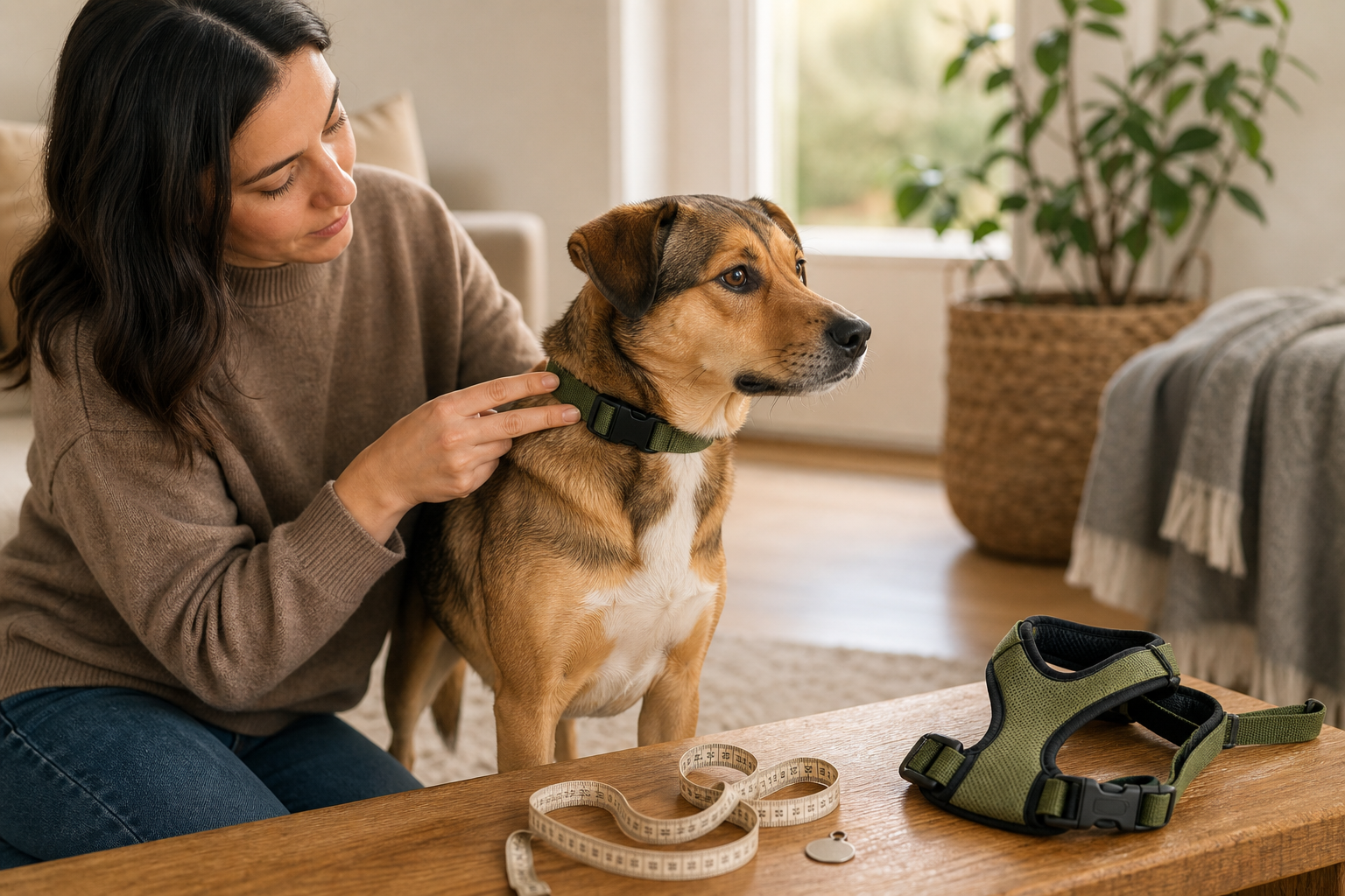 An owner checking a comfortable two-finger gap beneath a flat green collar on a calm dog, with a measuring tape and harness nearby