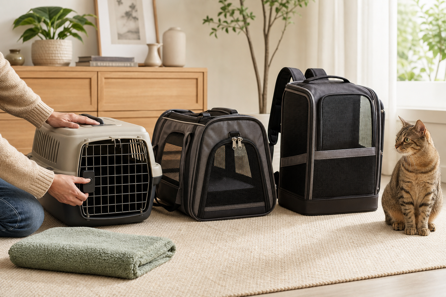 A tabby cat beside hard-shell, structured soft-sided and ventilated backpack carriers while an owner checks the hard carrier latch