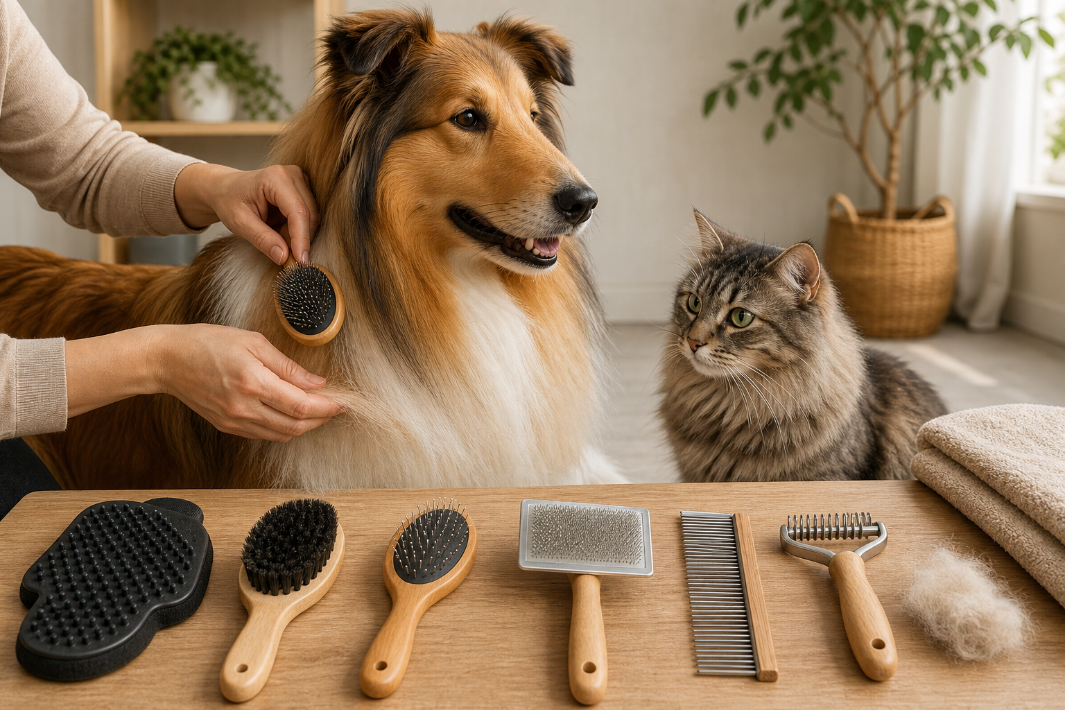 A calm long-coated dog and medium-haired cat beside rubber, bristle, pin, slicker, comb and undercoat grooming tools