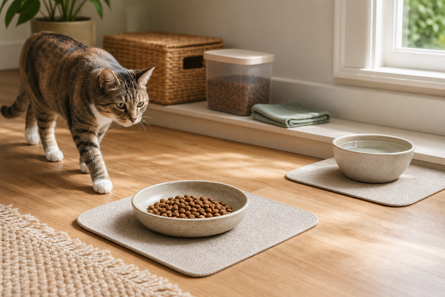 A relaxed tabby cat approaching a clean ceramic food bowl with a separate water bowl in a quiet sunlit feeding area