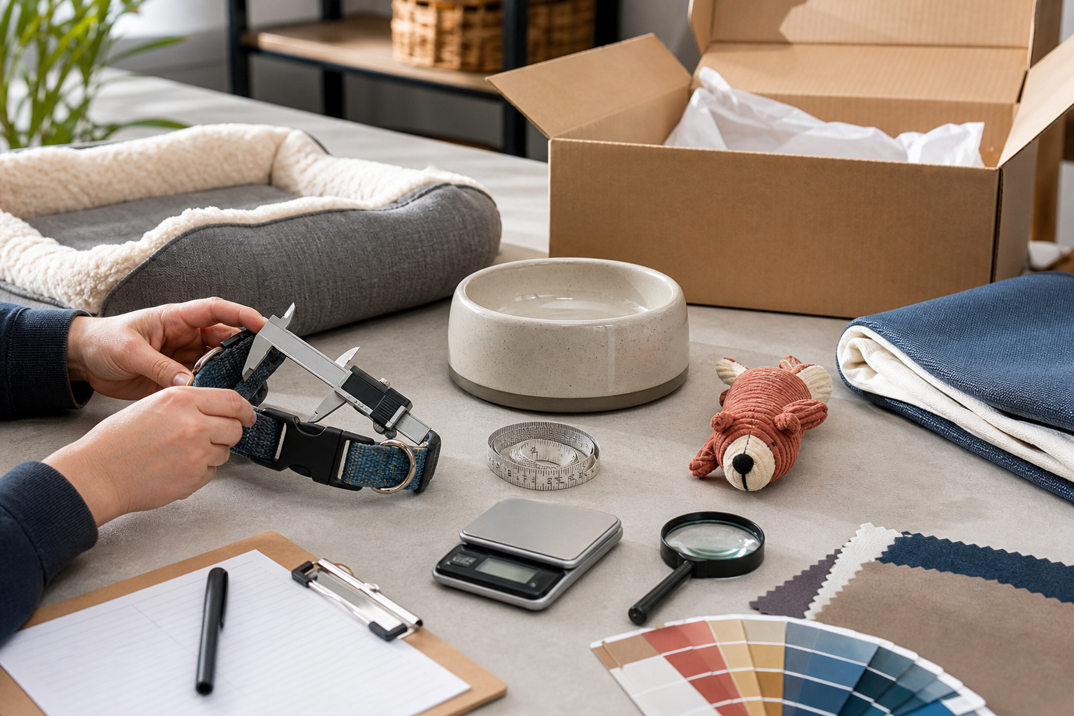 A quality inspector measuring an unbranded pet collar beside a pet bed, bowl, toy, fabric swatches and shipping carton