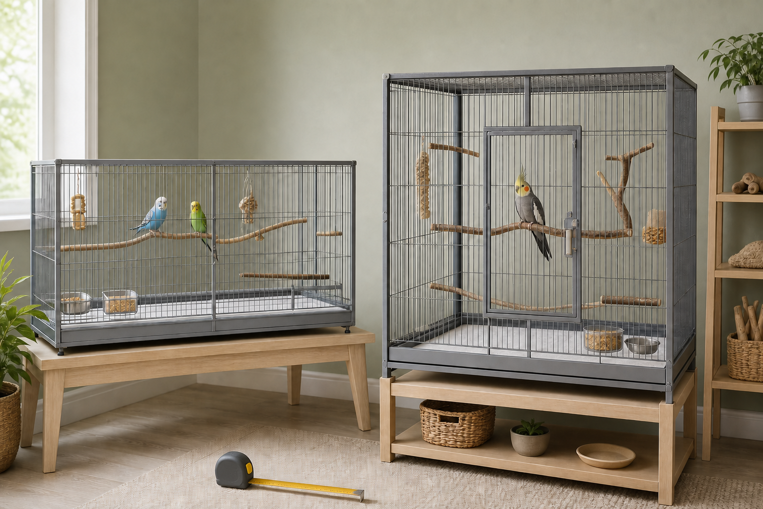 Two separate spacious rectangular cages housing budgies and a cockatiel with natural perches and a plain measuring tape nearby