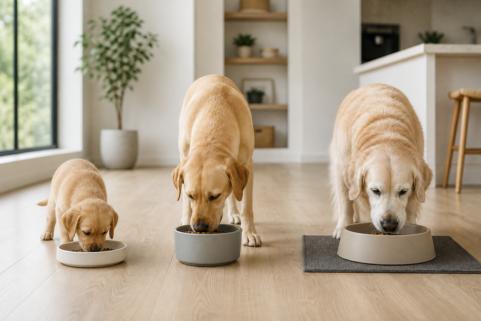 A puppy, adult dog and senior dog beside separate clean bowls sized for their different life stages