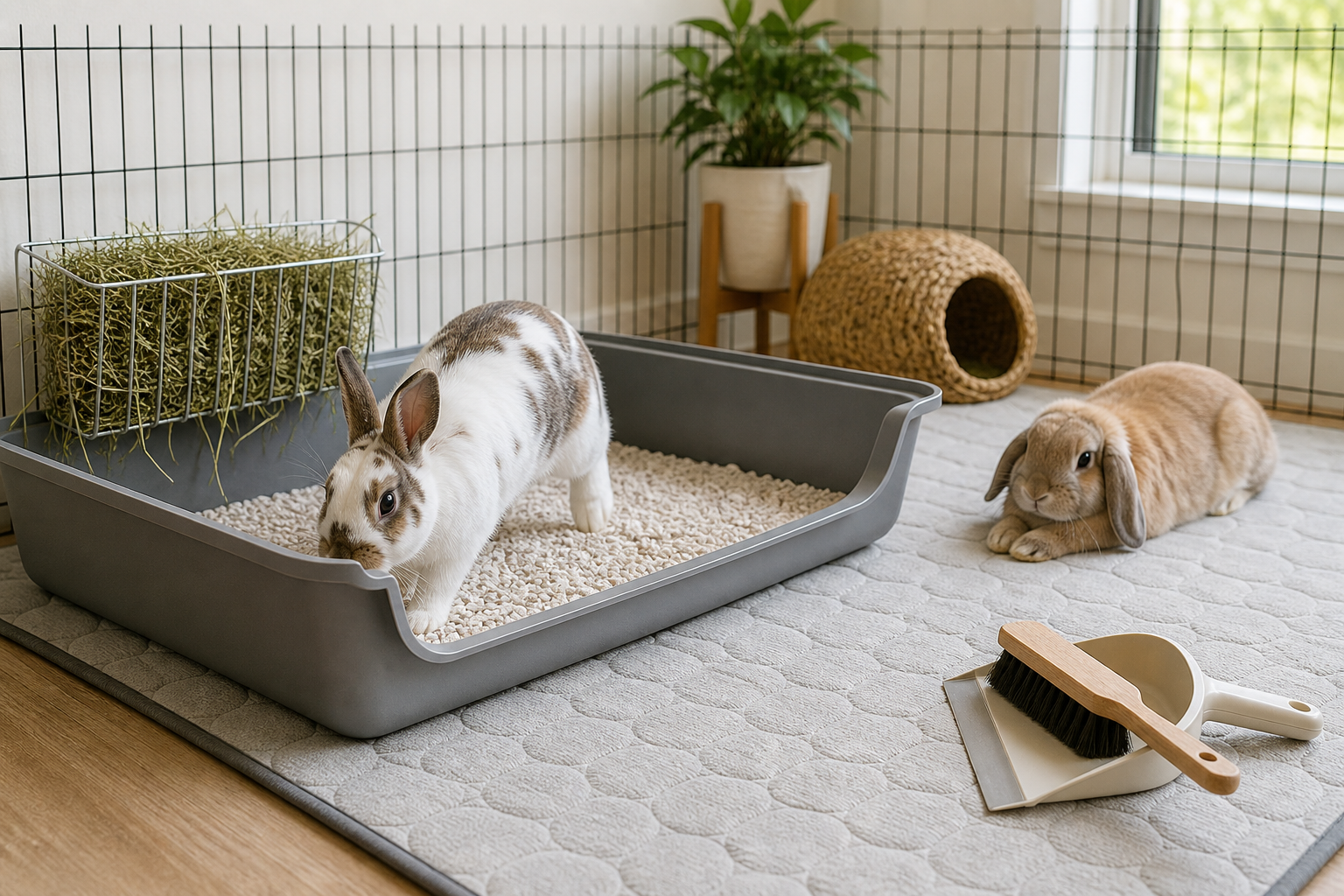 Two rabbits beside a large low-entry litter tray with paper-based litter, fresh hay and cleaning tools