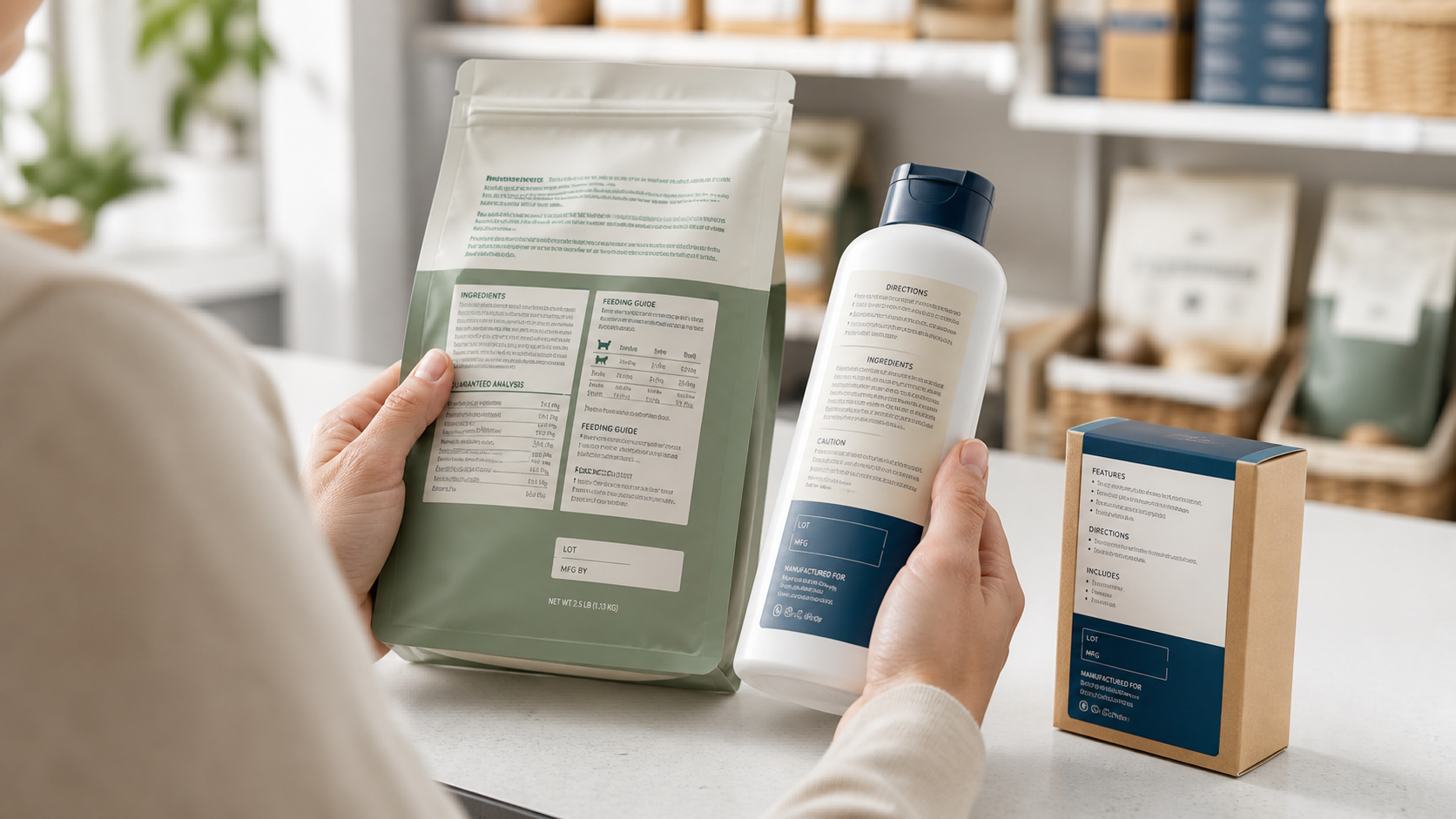 Shopper comparing ingredient, direction, quantity and lot information on unbranded pet product packages