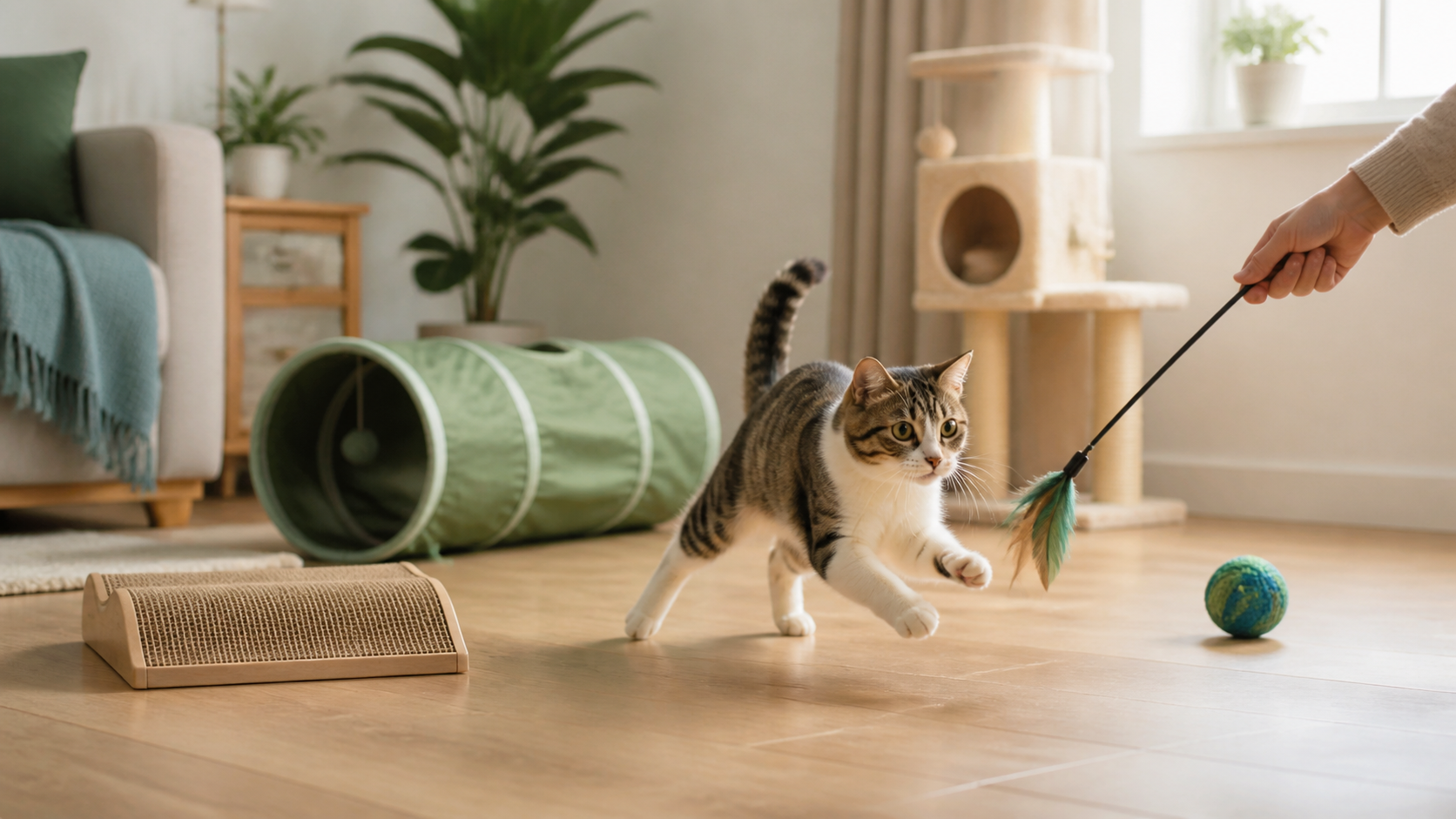 Indoor cat pouncing toward a supervised feather wand beside a tunnel, scratcher and stable cat tree