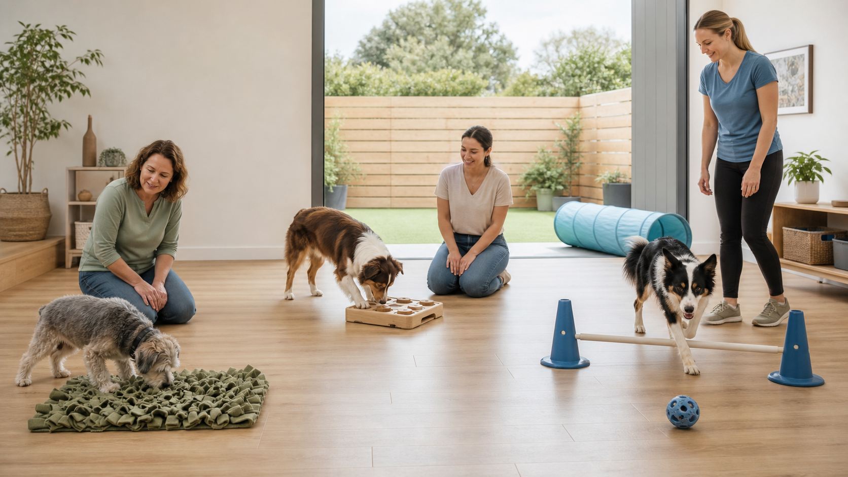 Three supervised dogs using a snuffle mat, food puzzle and low agility pole in separate enrichment zones