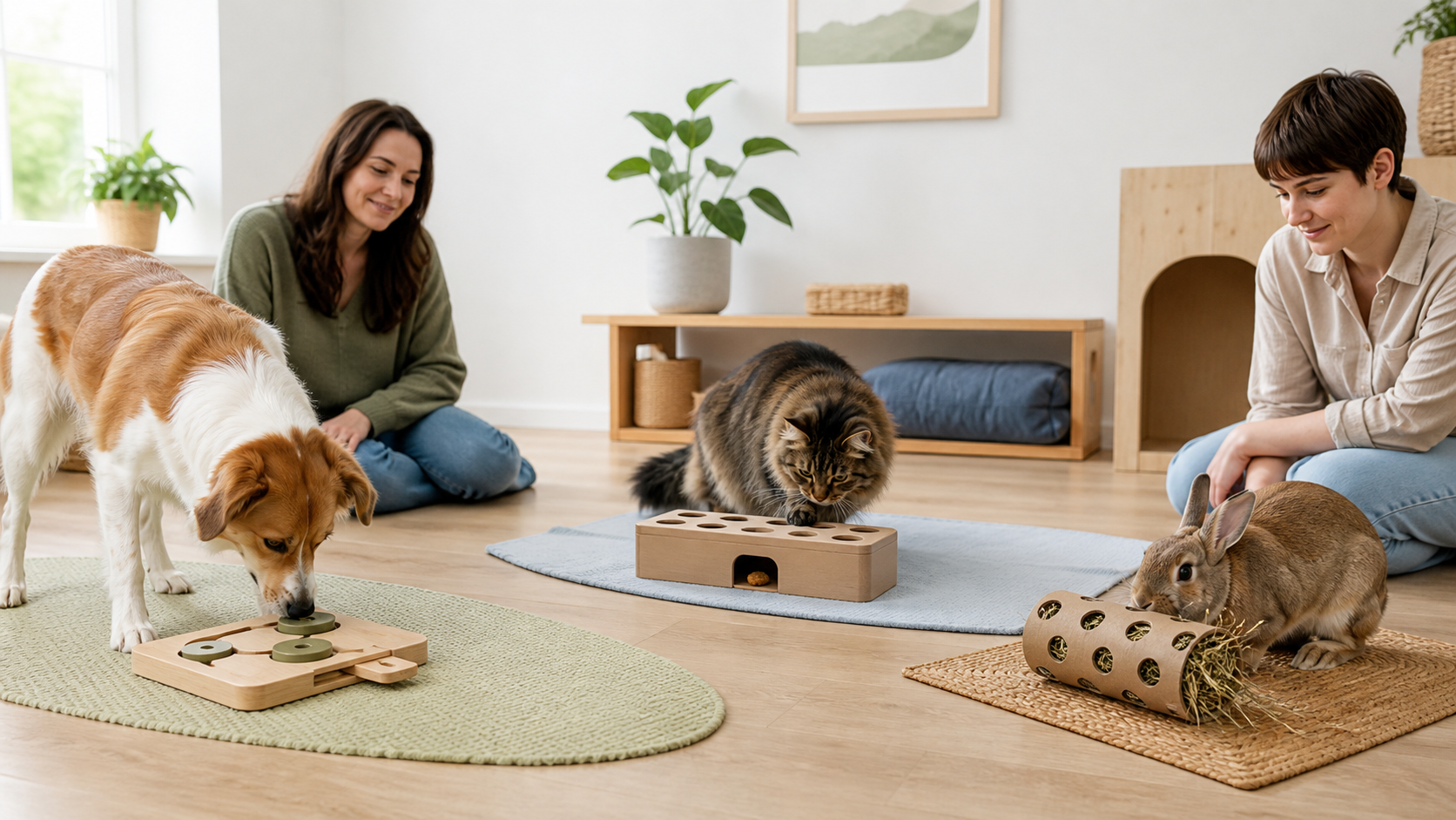Supervised dog, cat and rabbit using separate interactive food and foraging toys with different mechanisms