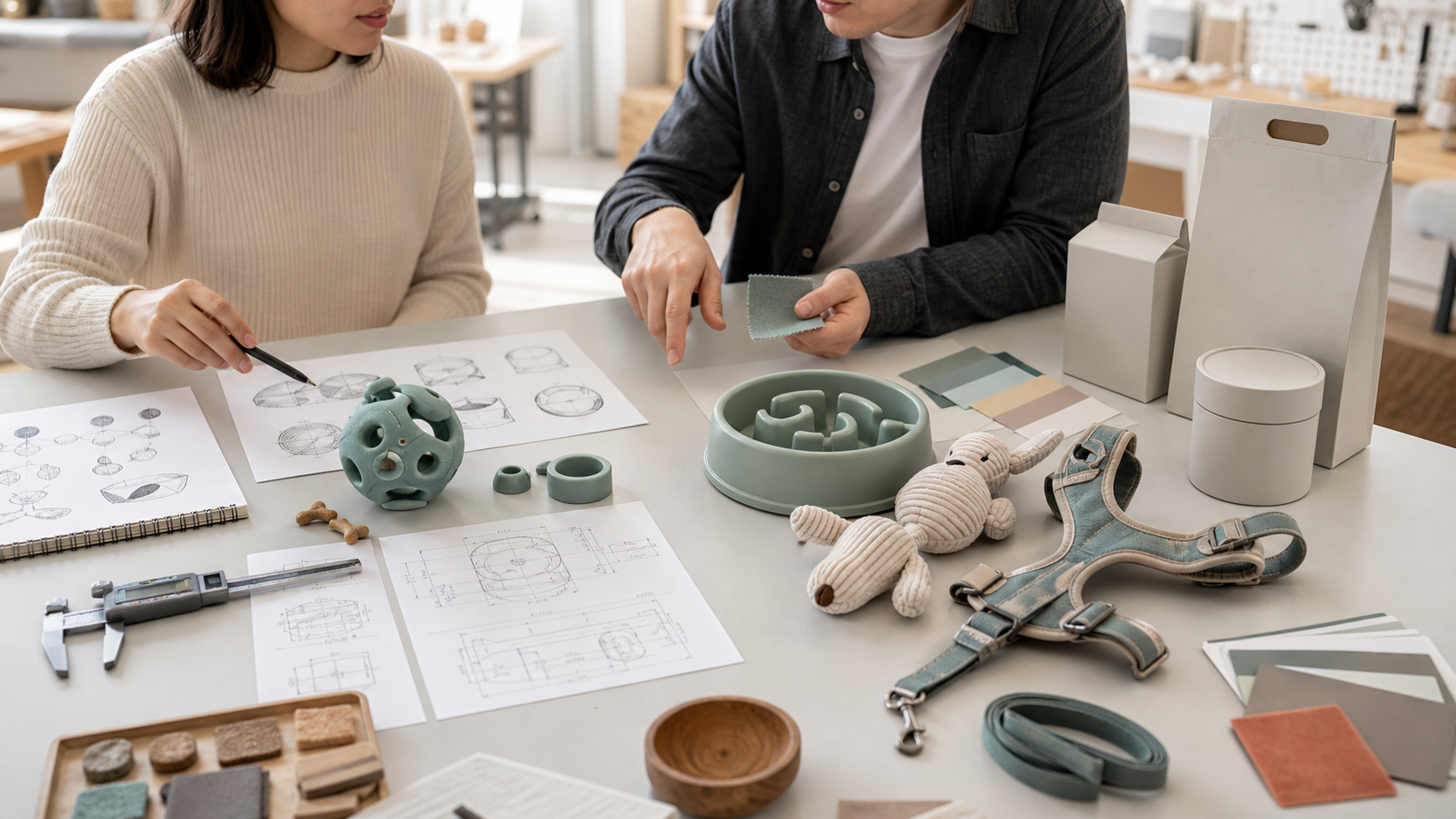 Brand buyer and manufacturing engineer compare custom pet product drawings with ready-platform bowls, toys, harnesses and packaging samples