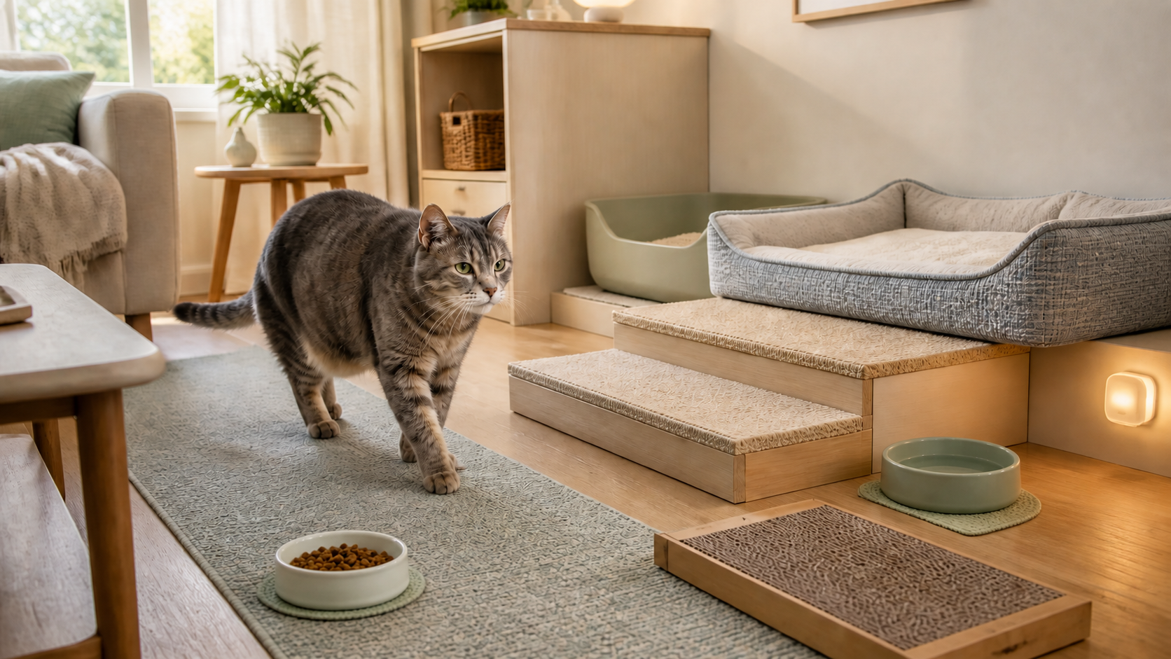 Senior gray tabby follows a non-slip runner past shallow carpeted steps, a supportive bed, low-entry litter tray and separated food and water bowls