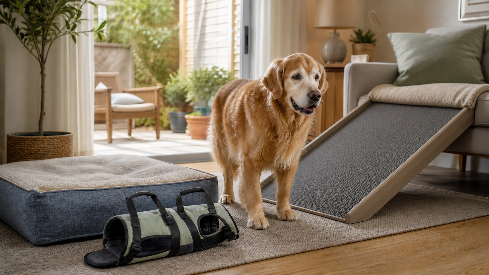 Senior golden retriever stands on a non-slip rug beside an orthopedic bed, a wide traction ramp and a padded full-body mobility harness