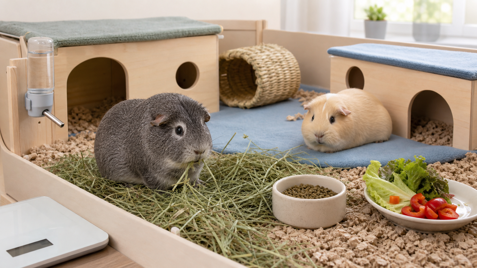Older gray guinea pig eats hay beside a companion in a flat solid-floor habitat with soft bedding, low hides, pellets, vegetables and accessible water