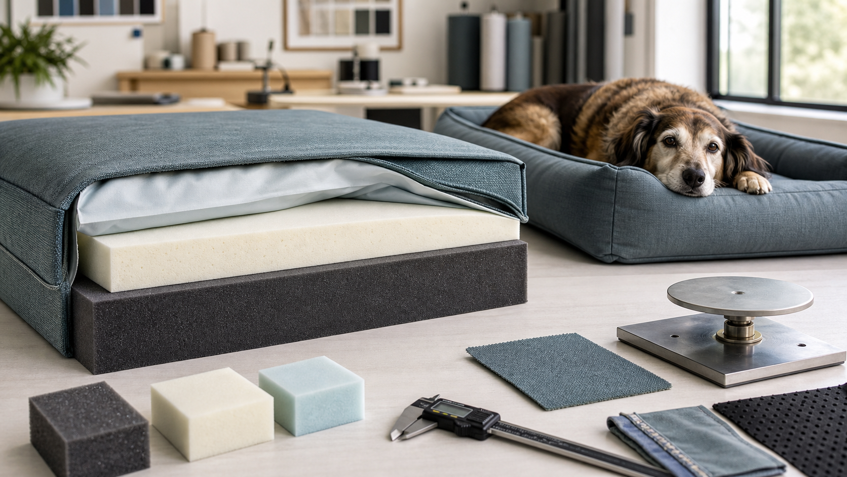 Cutaway orthopedic pet bed shows support foam, memory foam, waterproof liner and woven cover beside foam samples, quality tools and a resting senior dog