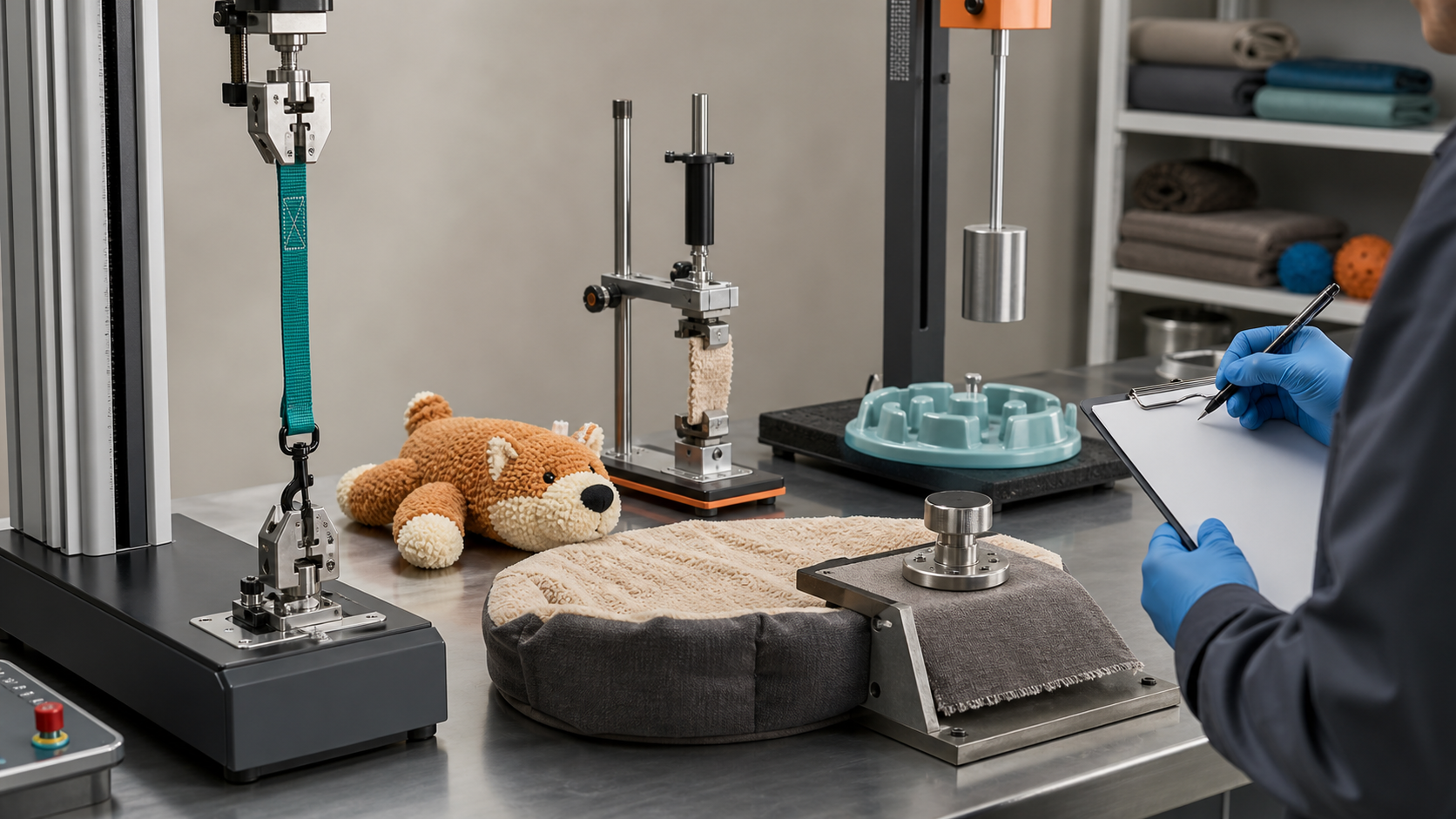 Pet product durability testing lab with a leash tensile fixture, textile abrasion equipment, pet bed and feeder