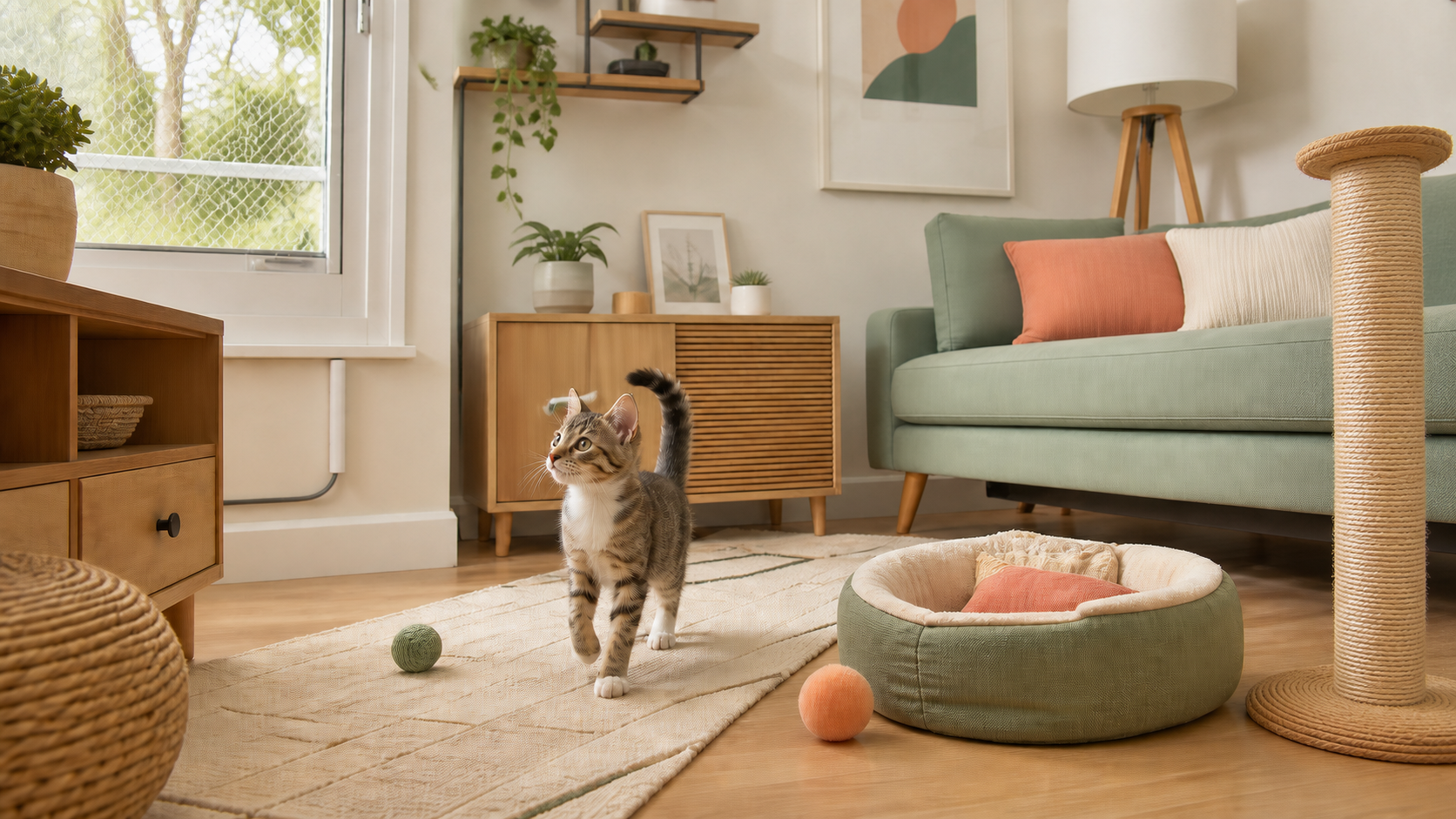 Young tabby kitten exploring a bright kitten-safe living room with a secure window, covered cable and stable scratching post