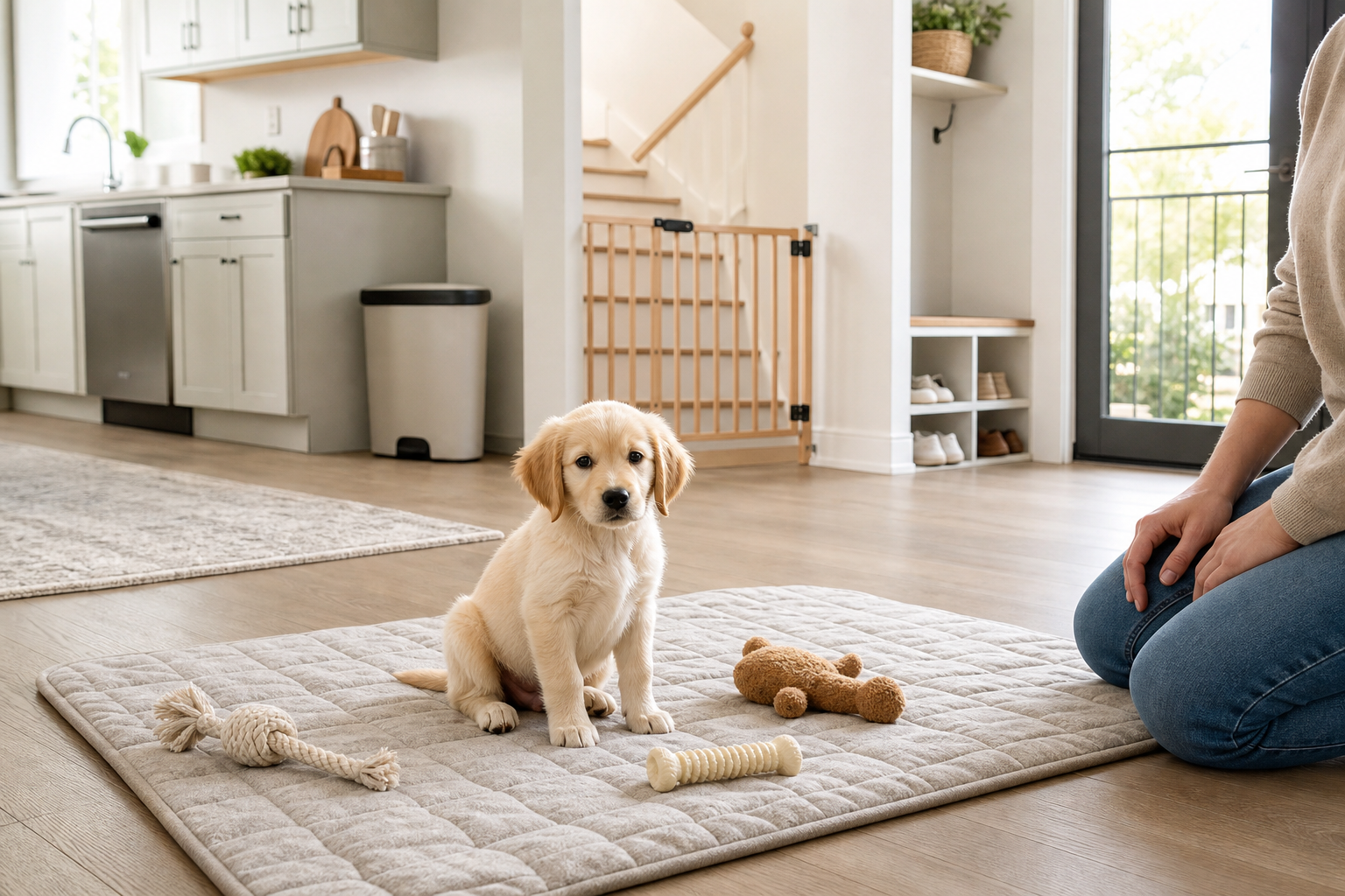 A supervised puppy in a safe home with secured stairs, closed cabinets, stored shoes and puppy-safe toys