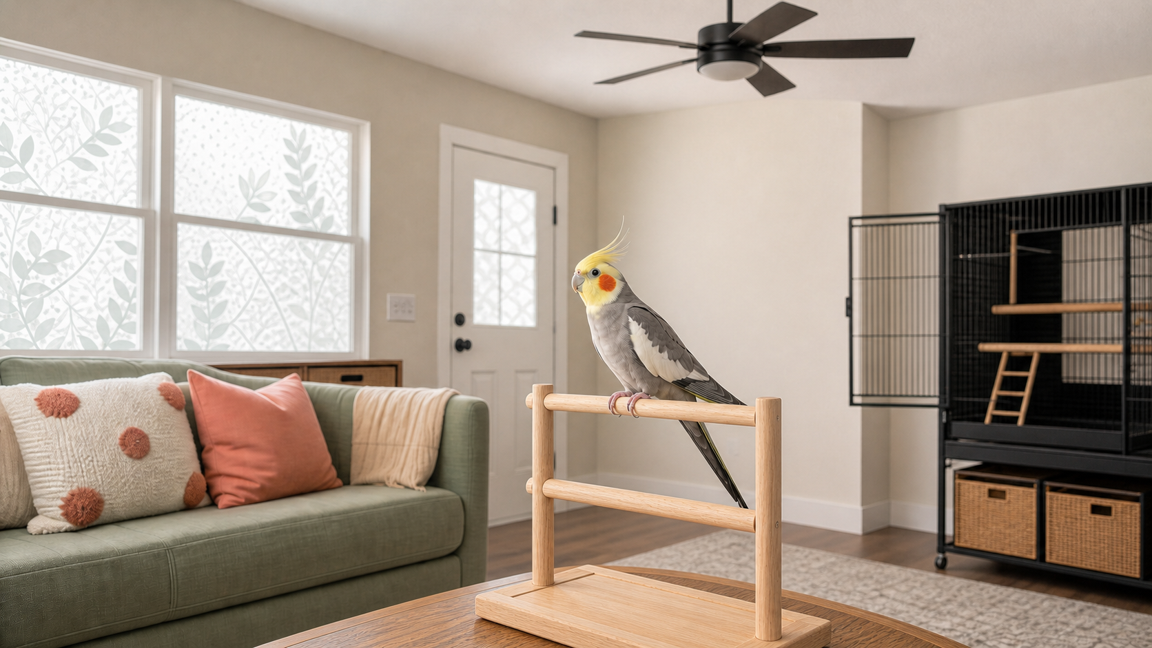 Cockatiel perched on a stable wooden play stand in a bird-proofed living room with closed marked windows, closed door and motionless ceiling fan