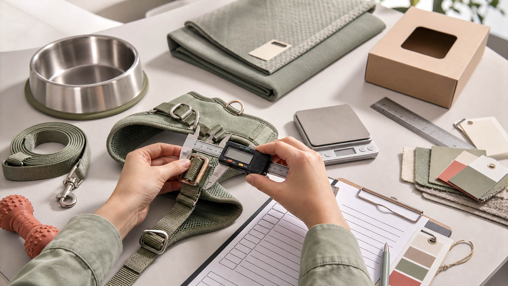 Quality specialist measuring an unbranded pet harness beside a blank sample approval checklist, product samples, scale and material swatches