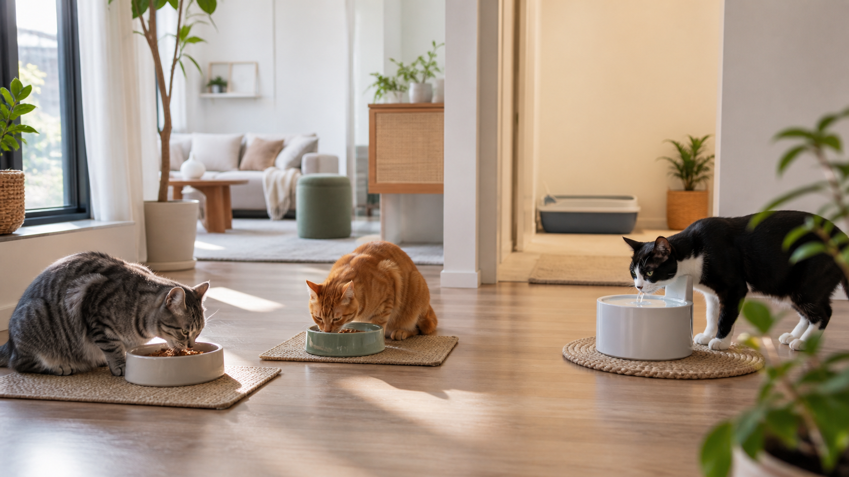 Three cats using separate food bowls and a water fountain in a calm home, with a clean litter box in a distant room