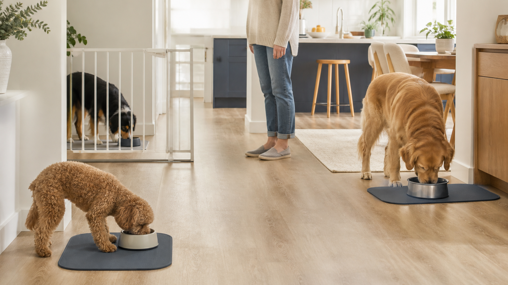 Three dogs eating from individual bowls in widely separated home feeding zones, with one dog safely behind a baby gate